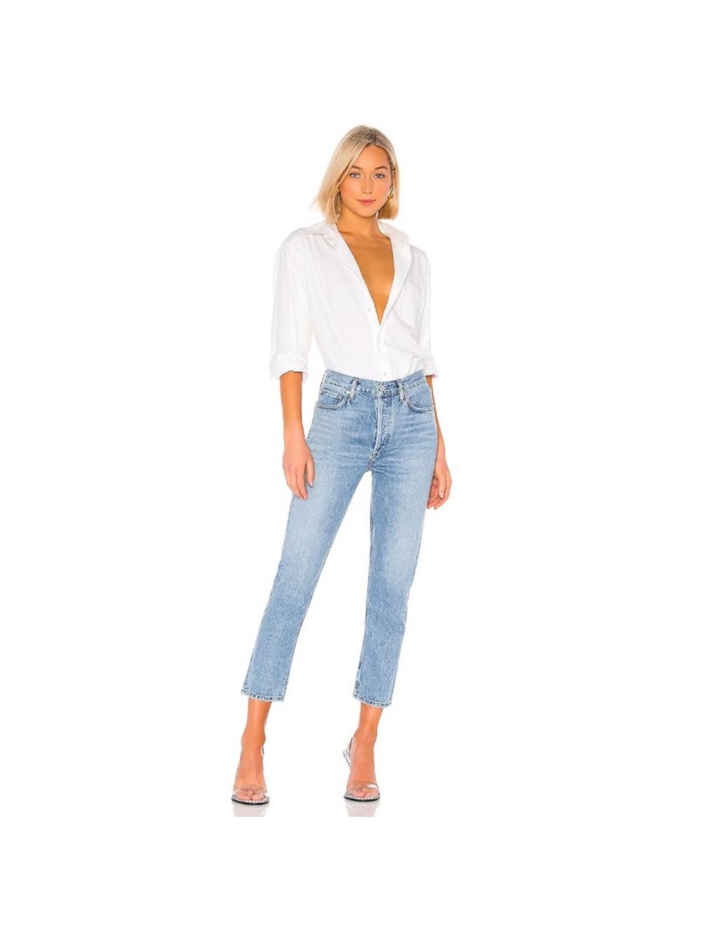 Agolde High-Rise Light Wash Straight Crop Jeans - Light Blue